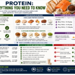 Protein nutrition infographic showing sources daily intake goals myths and tips for a healthy diet