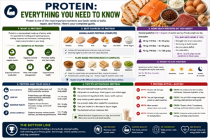 Protein nutrition infographic showing sources daily intake goals myths and tips for a healthy diet
