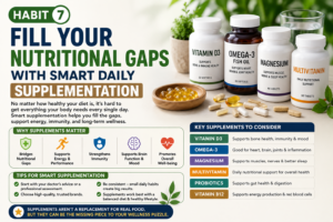Habit 7 infographic showing key supplements Vitamin D3 Omega-3 Magnesium and Multivitamin for daily nutritional support