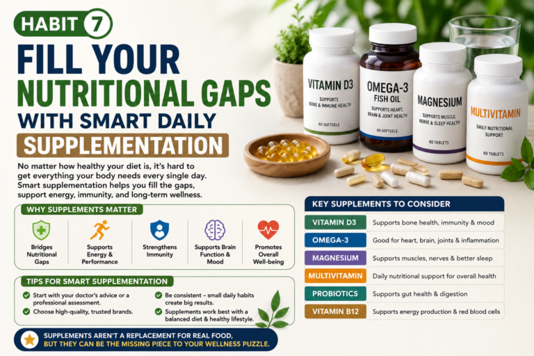 Habit 7 infographic showing key supplements Vitamin D3 Omega-3 Magnesium and Multivitamin for daily nutritional support