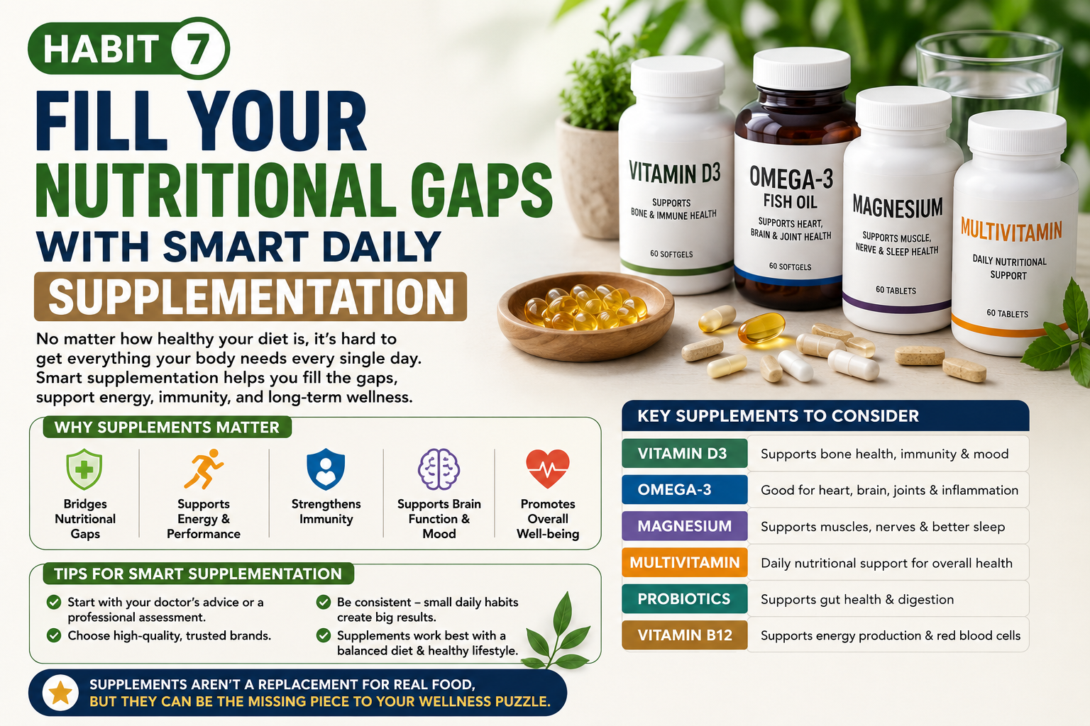 Habit 7 infographic showing key supplements Vitamin D3 Omega-3 Magnesium and Multivitamin for daily nutritional support